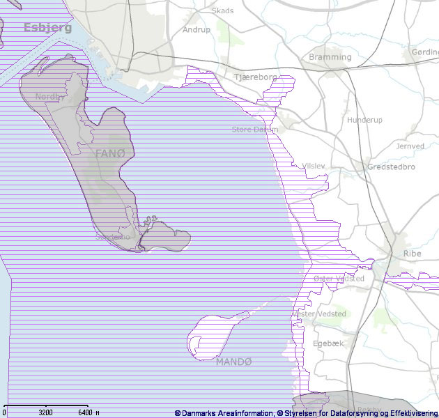 Billedet viser, hvor der er Natura 2000 områder og hvad webkortet ville åbne op og vise 